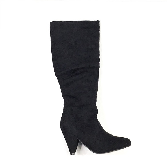 Faux Suede Slouchy Knee High Cone Heel Boots - Picture 7 of 10